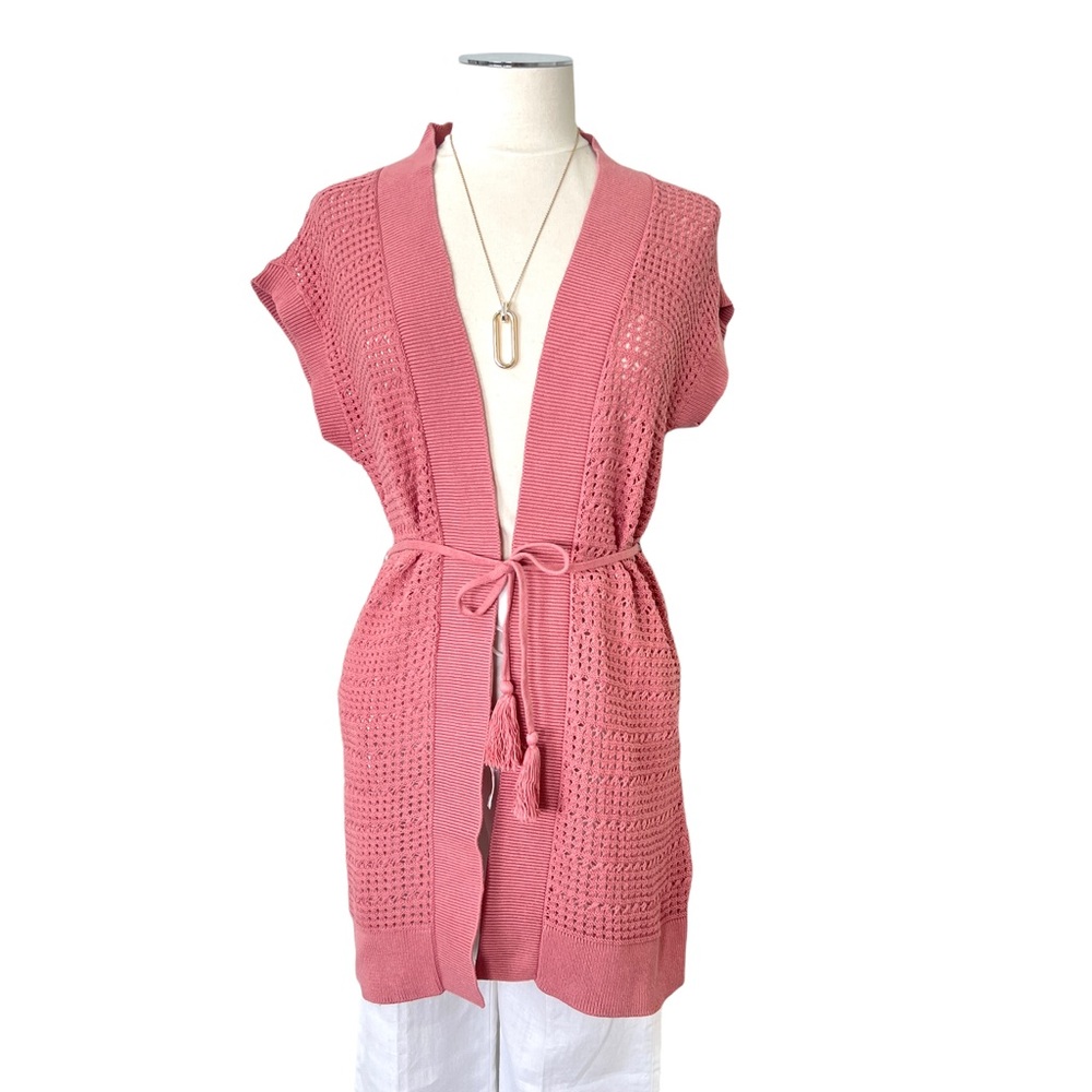LOFT Crochet Cotton Knit Open Cardigan Kimono Drop Shoulder Waist Tie Pink XS